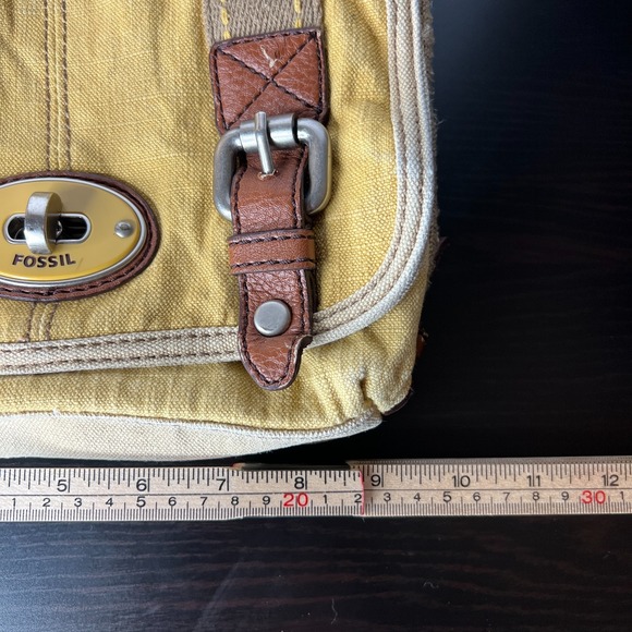 Fossil Yellow Canvas Crossbody Messenger Bag Leather Trim Buckle Flap Organizer - Picture 14 of 14